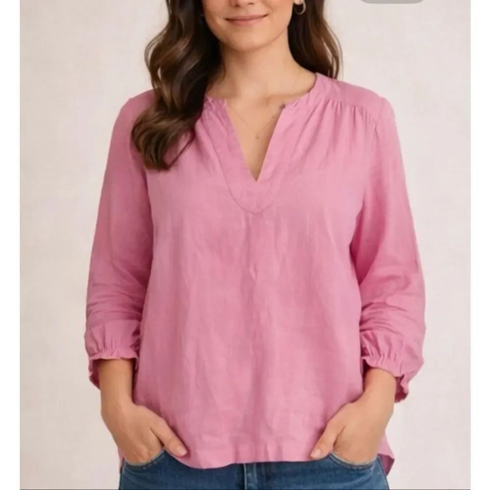 H Halston 100% linen hot pink notch neck blouse small